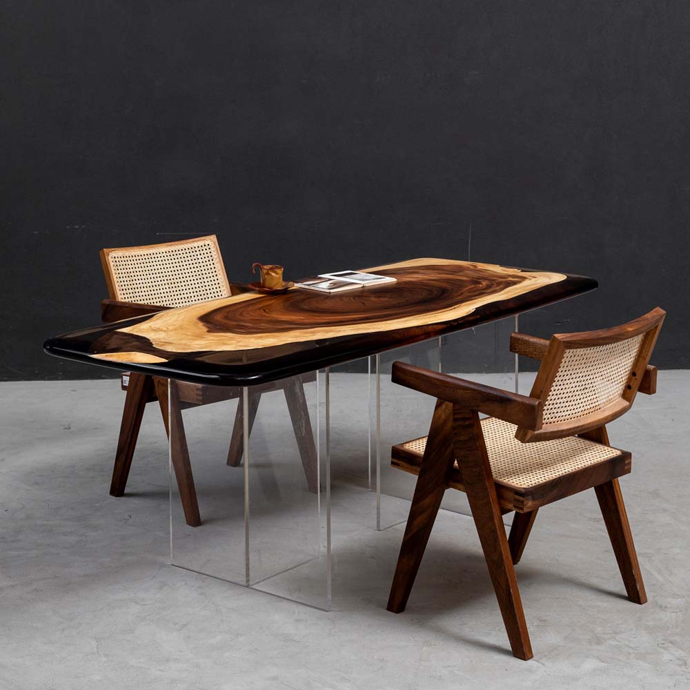 Elite Walnut Wood & Gray - Transparent Epoxy Dining Table ECT-33