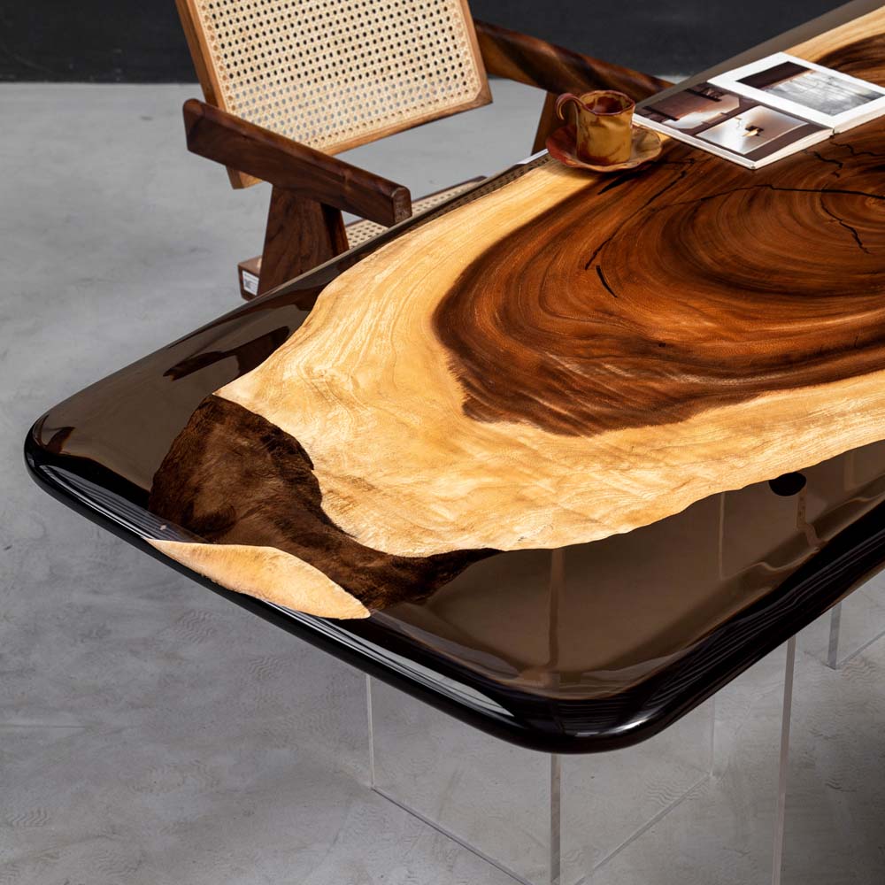 Elite Walnut Wood & Gray - Transparent Epoxy Dining Table ECT-33