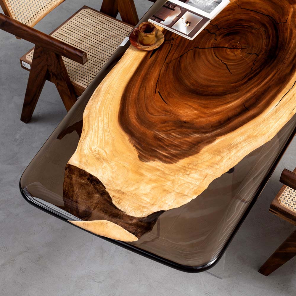 Elite Walnut Wood & Gray - Transparent Epoxy Dining Table ECT-33