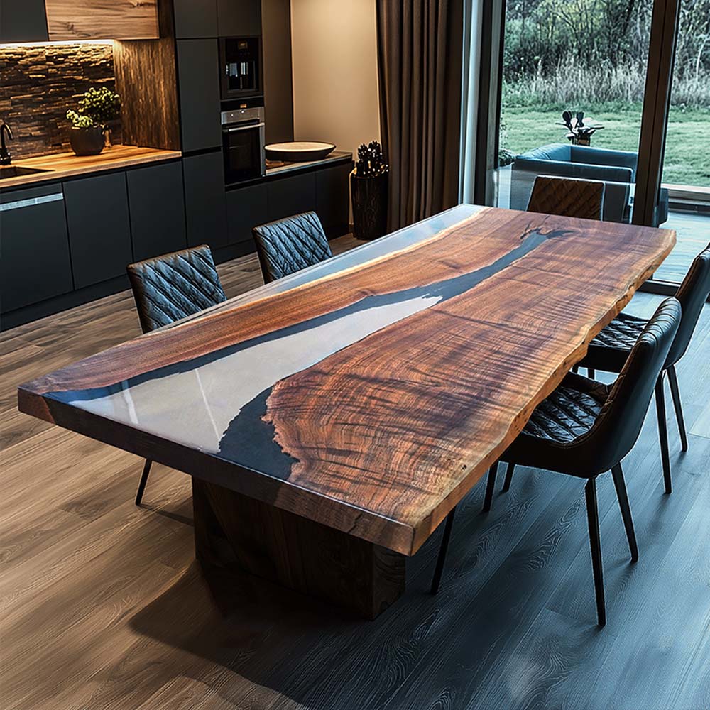 Custom Gray Epoxy Resin Black Walnut Wood River Table ECT-56