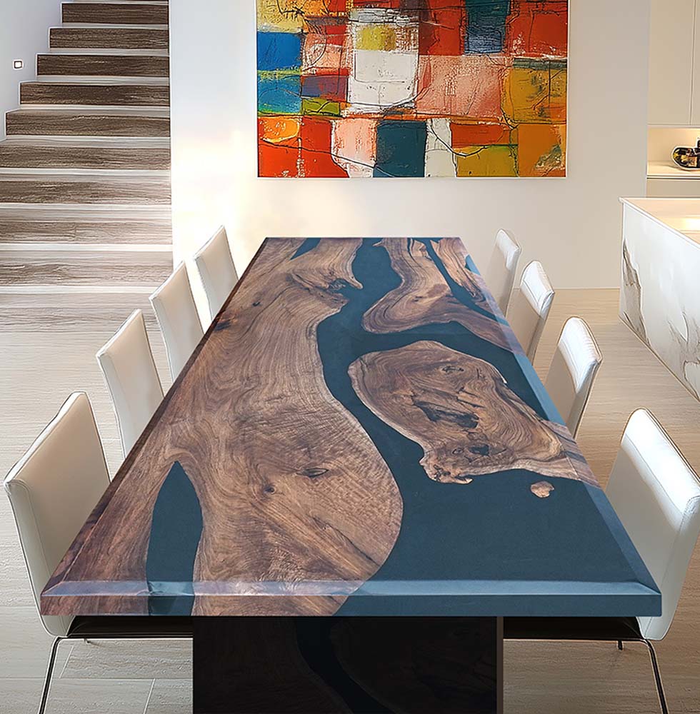 Custom Walnut Kitchen Blue Black Epoxy Resin River Table ECT-57