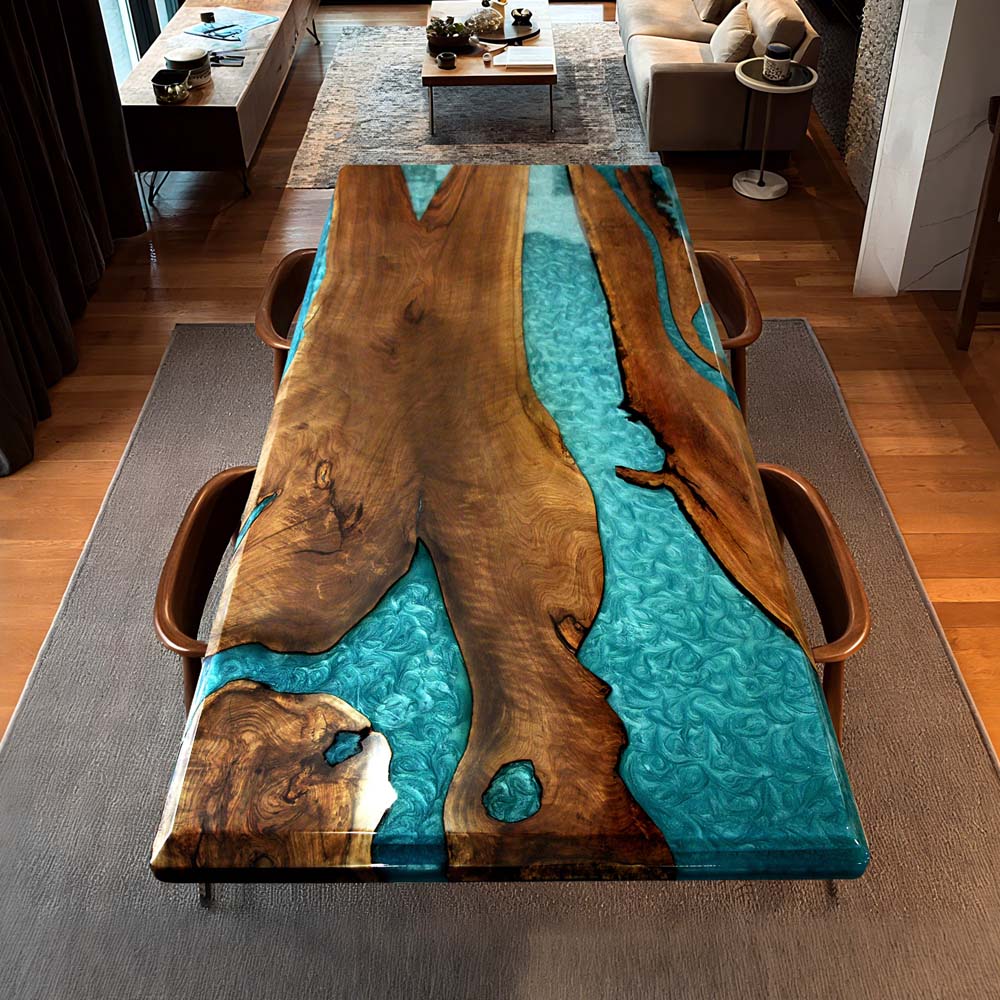 Elite Custom Walnut Dining Table with Turquoise - Blue Epoxy ECT-70