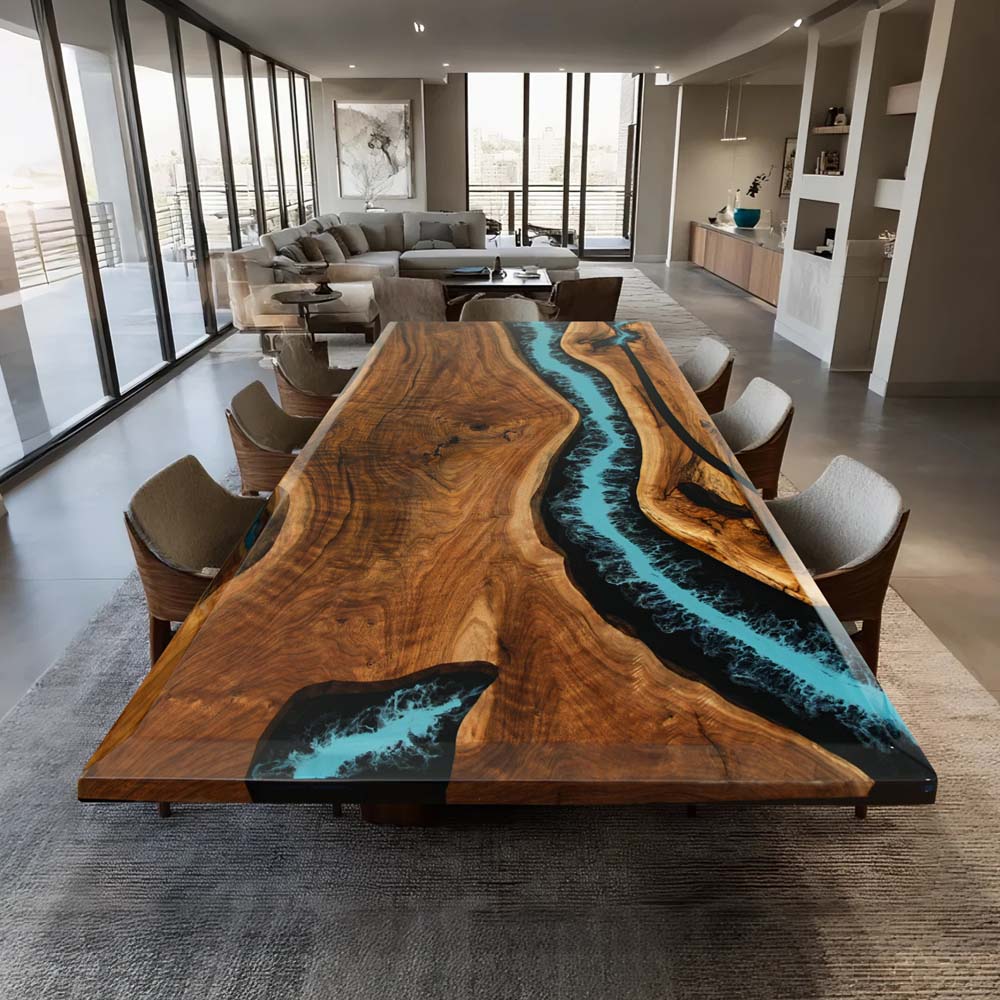 Elite Custom Black Walnut Resin Dining & Conference Table with Turquoise Resin Swirls ECT-89