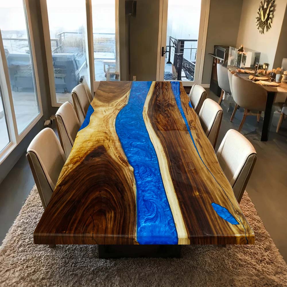 Elite Custom Solid Walnut Dining Room Table with Blue Resin ECT-91