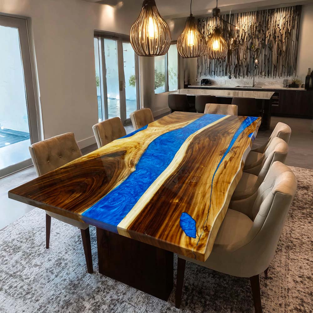 Elite Custom Solid Walnut Dining Room Table with Blue Resin ECT-91