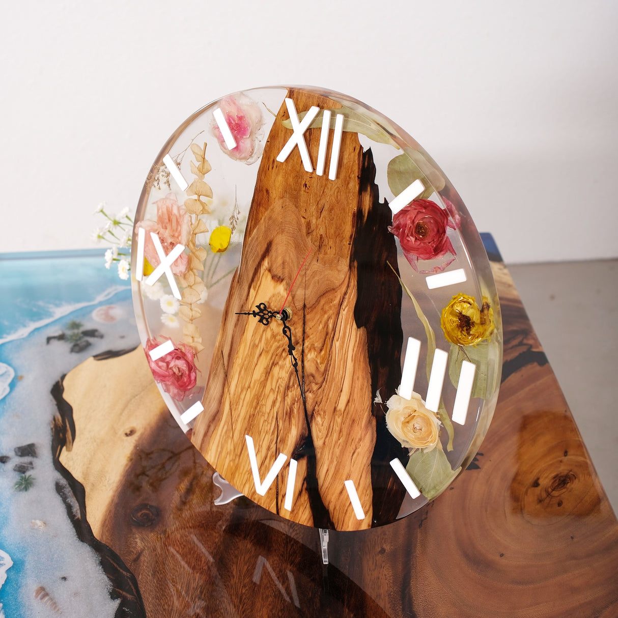 Elite Poplar Wood Dried Flower Epoxy Resin Wall Clock EWC-12 - 16''