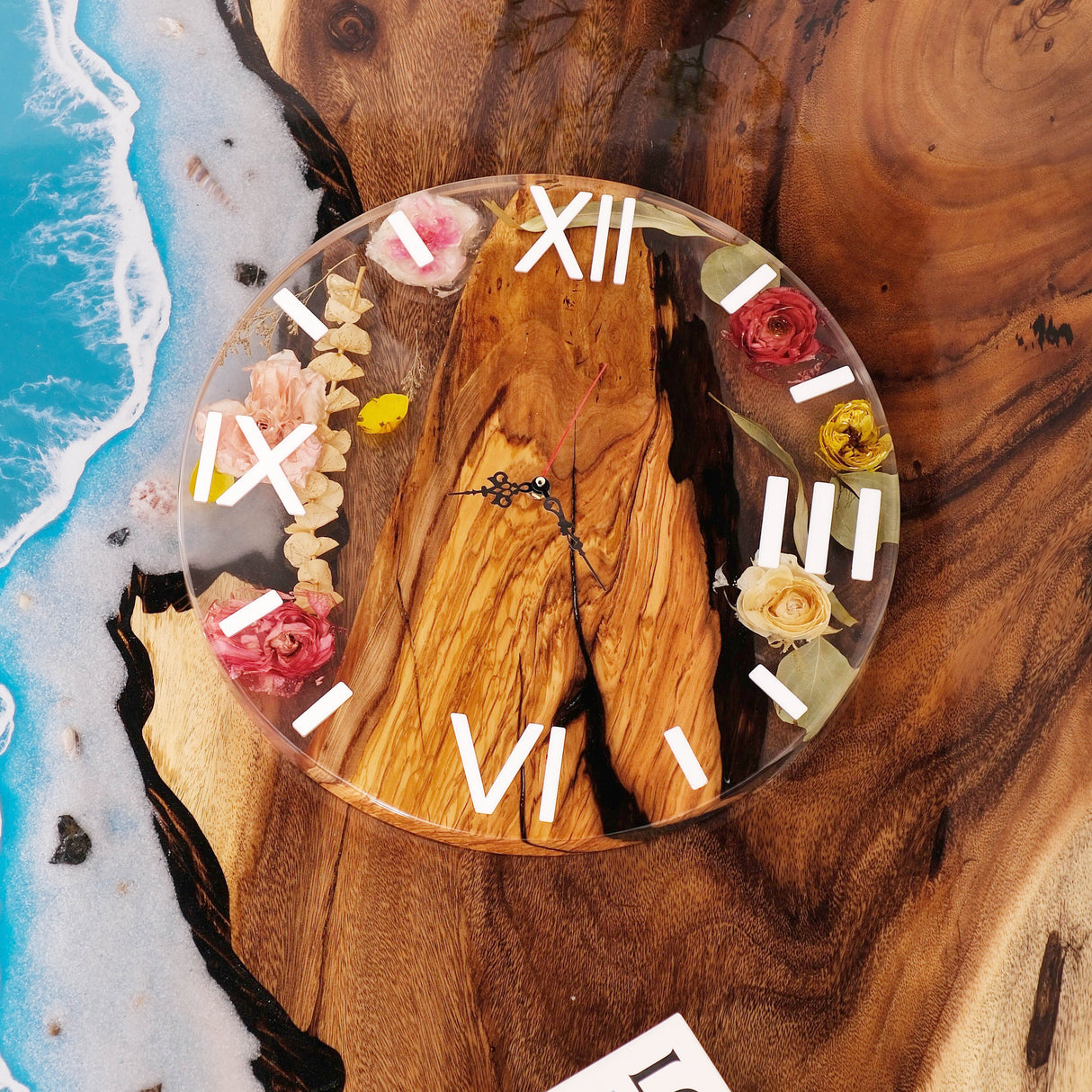 Elite Poplar Wood Dried Flower Epoxy Resin Wall Clock EWC-12 - 16''