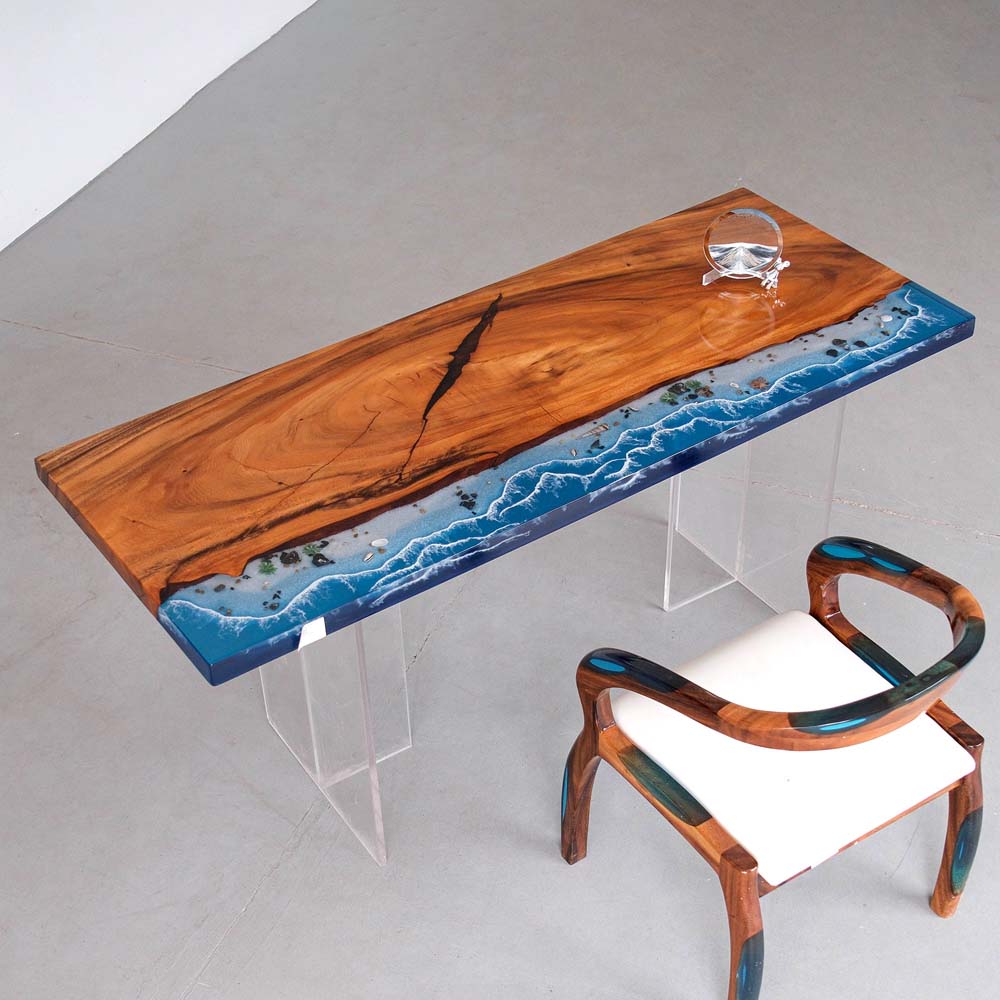 Elite Walnut Wood & Coastal Beach Wave Epoxy Dining Table with Seashells ECT-152