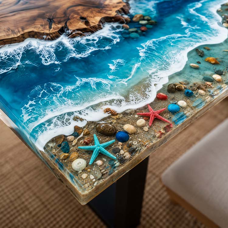 Beach Themed Epoxy Table Walnut Turquoise Shoreline Rectangular Straight Edge Dining Table ECT - 315 - Elitecustomtable