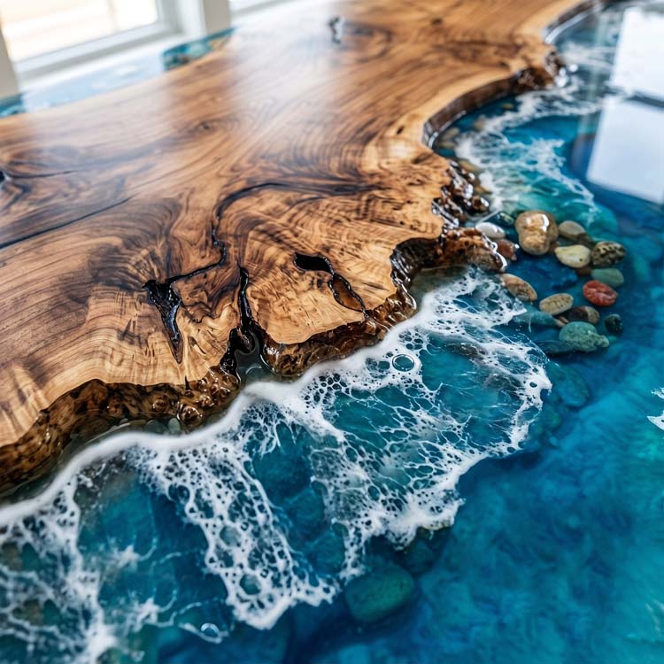 Beach Themed Epoxy Table Walnut Turquoise Shoreline Rectangular Straight Edge Dining Table ECT - 315 - Elitecustomtable
