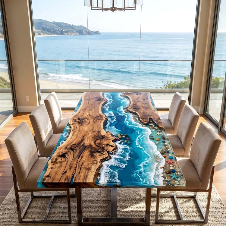 Beach Themed Epoxy Table Walnut Turquoise Shoreline Rectangular Straight Edge Dining Table ECT - 315 - Elitecustomtable
