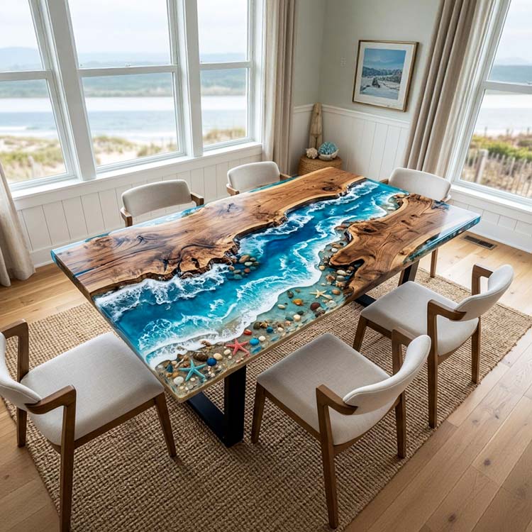 Beach Themed Epoxy Table Walnut Turquoise Shoreline Rectangular Straight Edge Dining Table ECT - 315 - Elitecustomtable