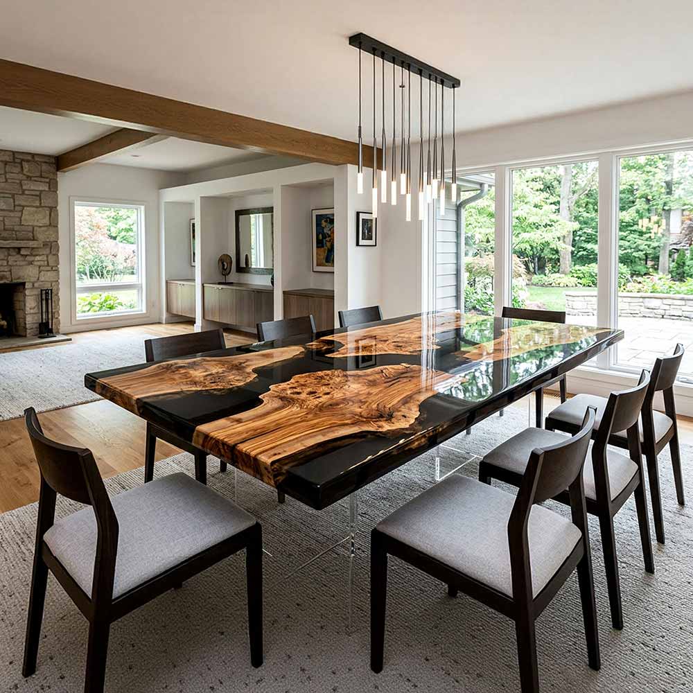 Black Epoxy Table Olive Wood Mirror Black Rectangular Straight Edge Dining Table ECT - 319 - Elitecustomtable