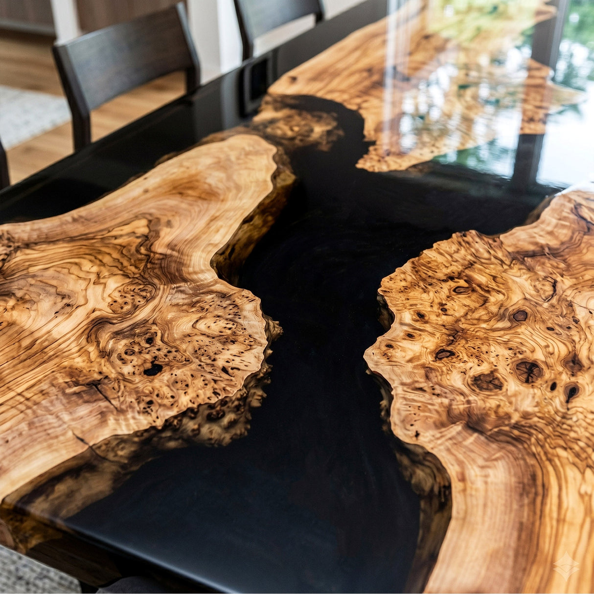 Black Epoxy Table Olive Wood Mirror Black Rectangular Straight Edge Dining Table ECT - 319 - Elitecustomtable