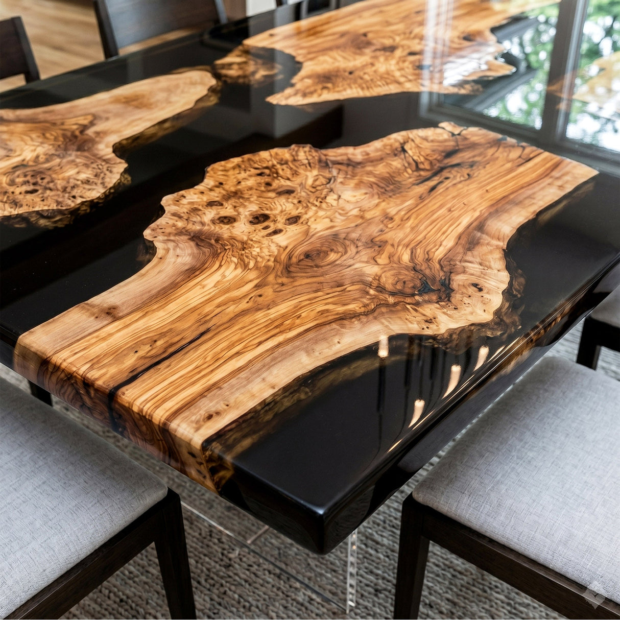 Black Epoxy Table Olive Wood Mirror Black Rectangular Straight Edge Dining Table ECT - 319 - Elitecustomtable