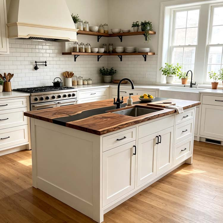 Black Walnut Epoxy Kitchen Island Countertop Live Edge Matte Black Walnut ECT - 302 - Elitecustomtable