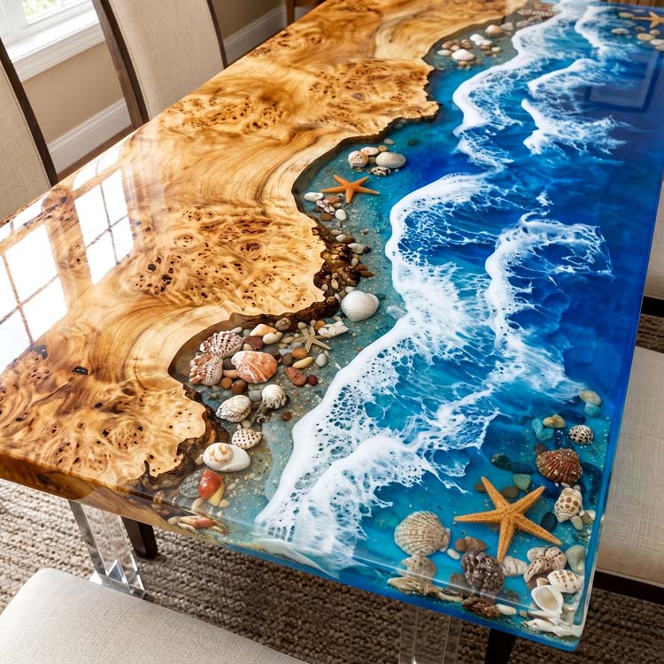 Blue Epoxy Resin Table Poplar Sapphire Blue Rectangular Straight Edge Beach Dining Table ECT - 317 - Elitecustomtable