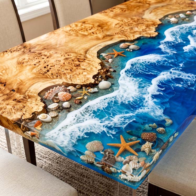 Blue Epoxy Resin Table Poplar Sapphire Blue Rectangular Straight Edge Beach Dining Table ECT - 317 - Elitecustomtable