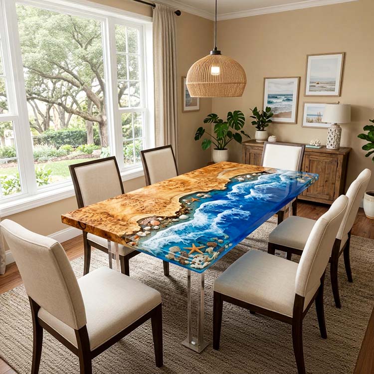 Blue Epoxy Resin Table Poplar Sapphire Blue Rectangular Straight Edge Beach Dining Table ECT - 317 - Elitecustomtable