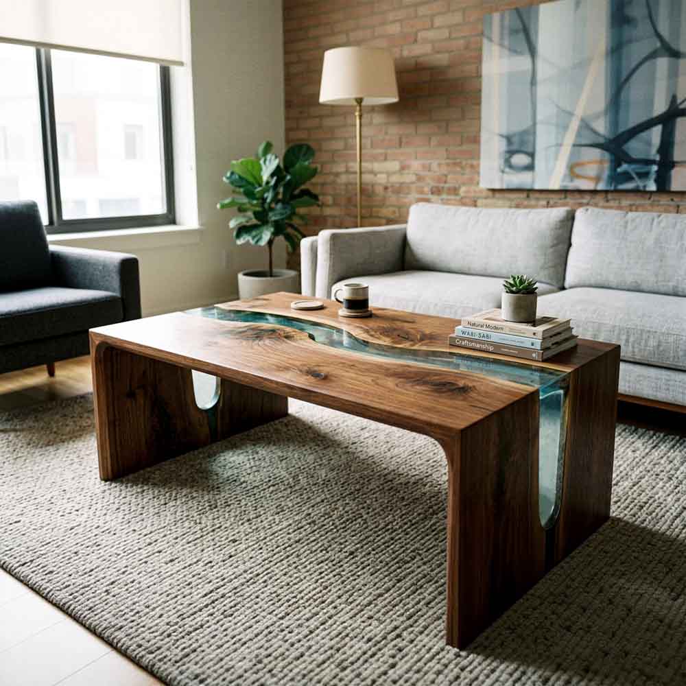 Custom Clear Epoxy Resin Coffee Table – 100% Solid Walnut Wood | ECT-353