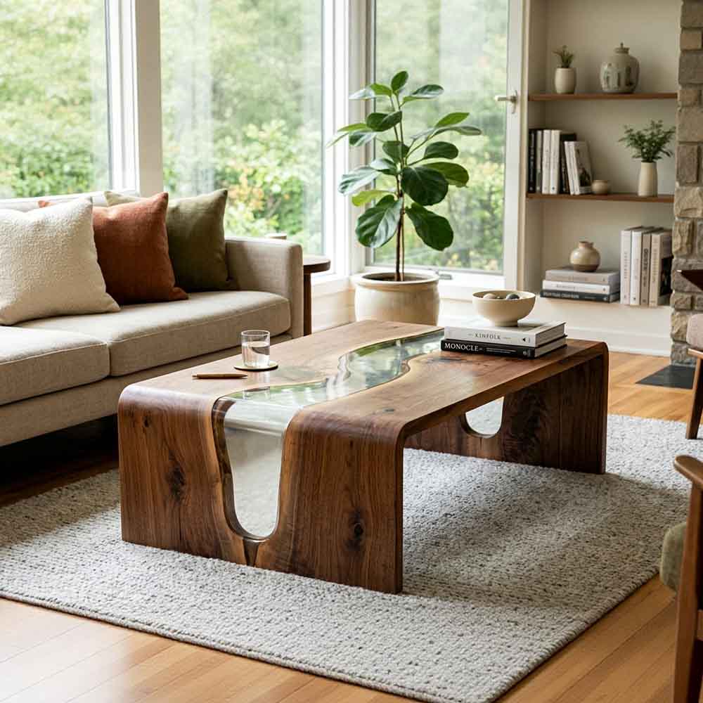 Custom Clear Epoxy Resin Coffee Table – 100% Solid Walnut Wood | ECT-353