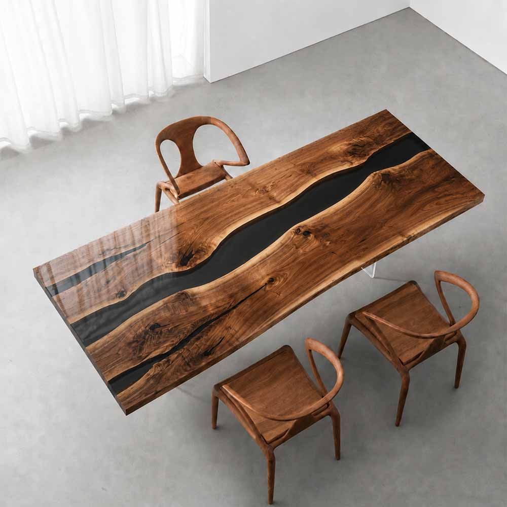 Live Edge Epoxy Table Walnut Midnight Black Rectangular Live Edge Dining Table ECT-300