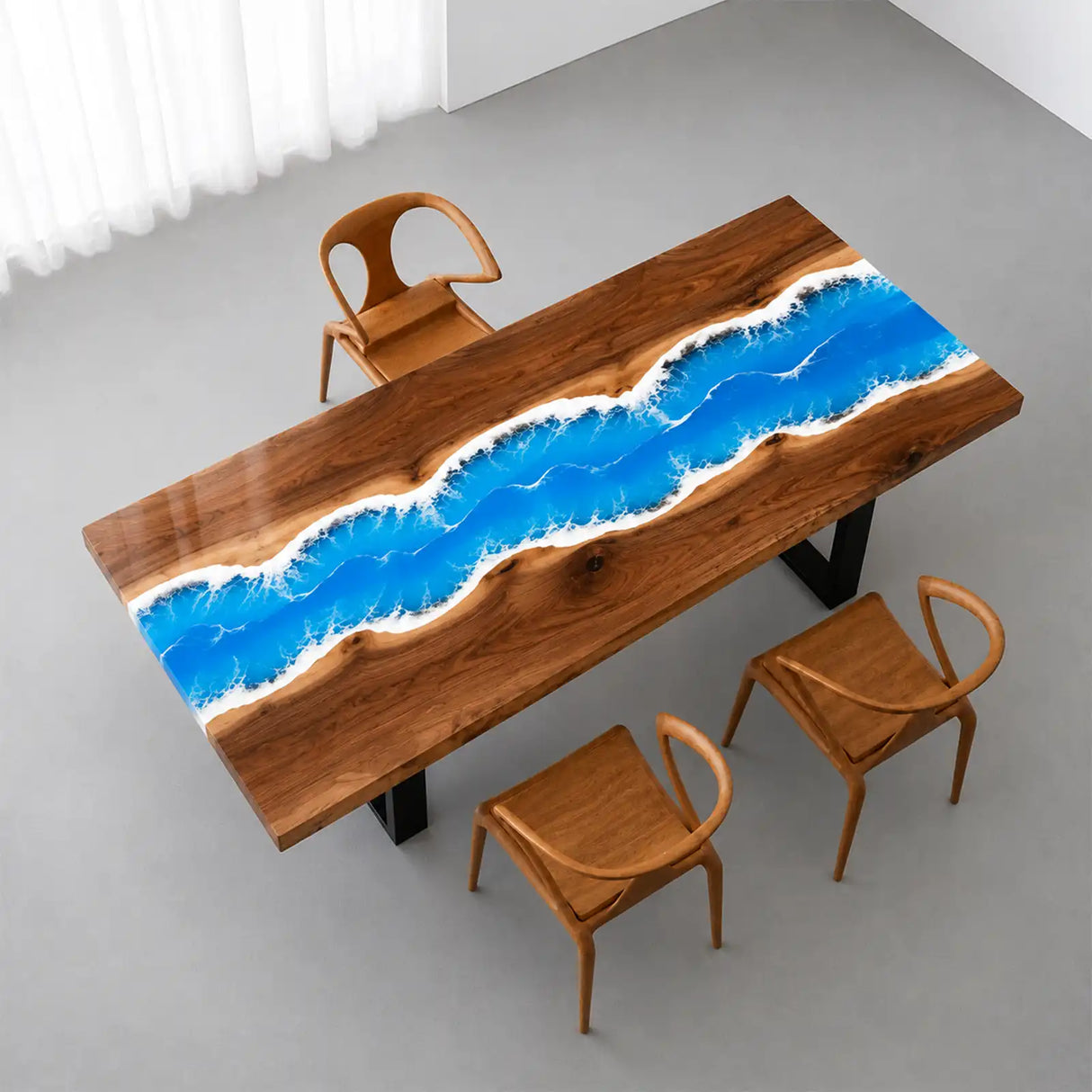 Walnut Ocean Wave Epoxy Resin Dining Table | ECT-374