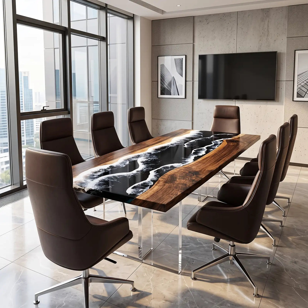 Custom Walnut Ocean Wave Epoxy Resin Conference Table | ECT-394