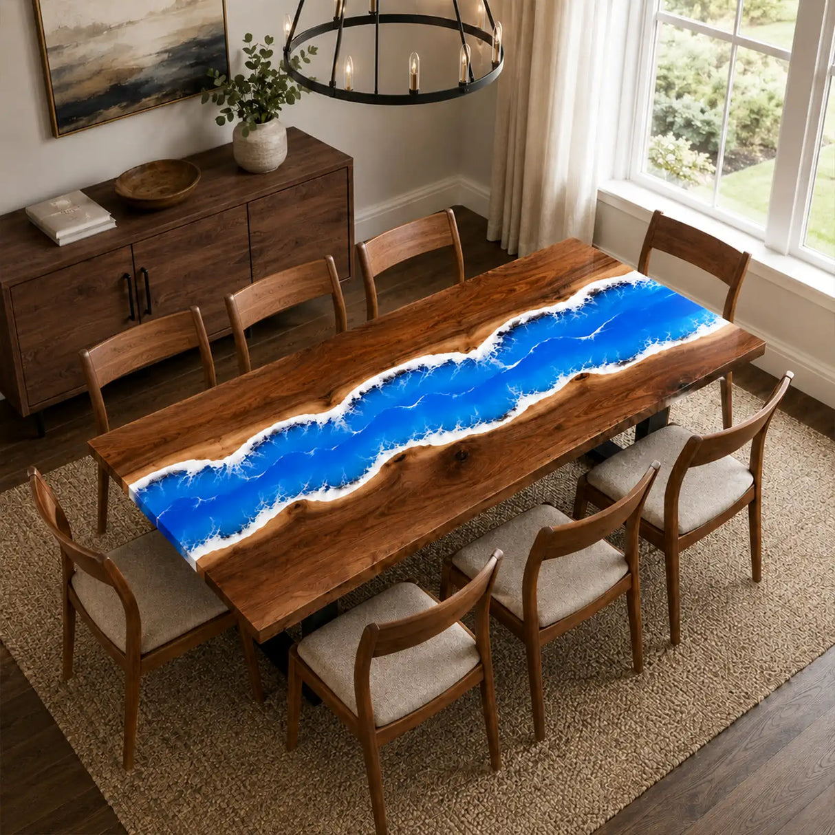 Walnut Ocean Wave Epoxy Resin Dining Table | ECT-374