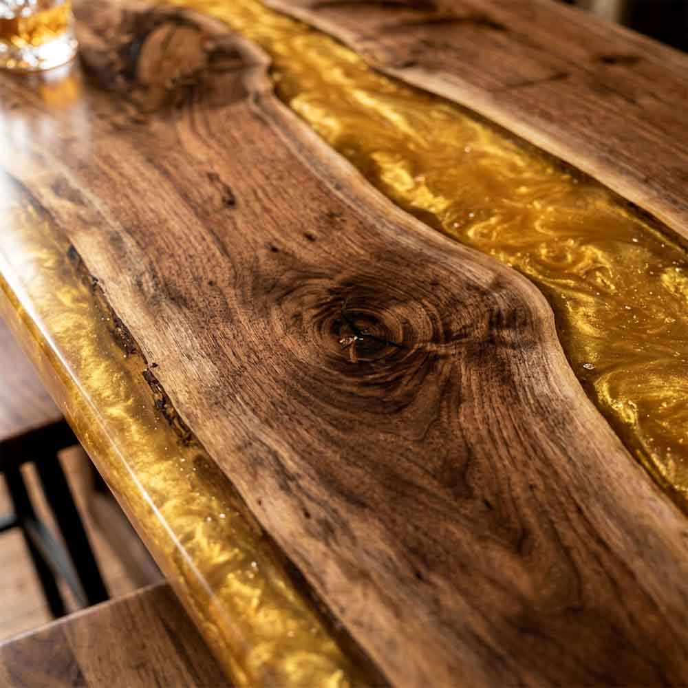 Custom Amber Gold Epoxy Resin Kitchen Island Countertop – 100% Solid Walnut | ECT-338 - Elitecustomtable