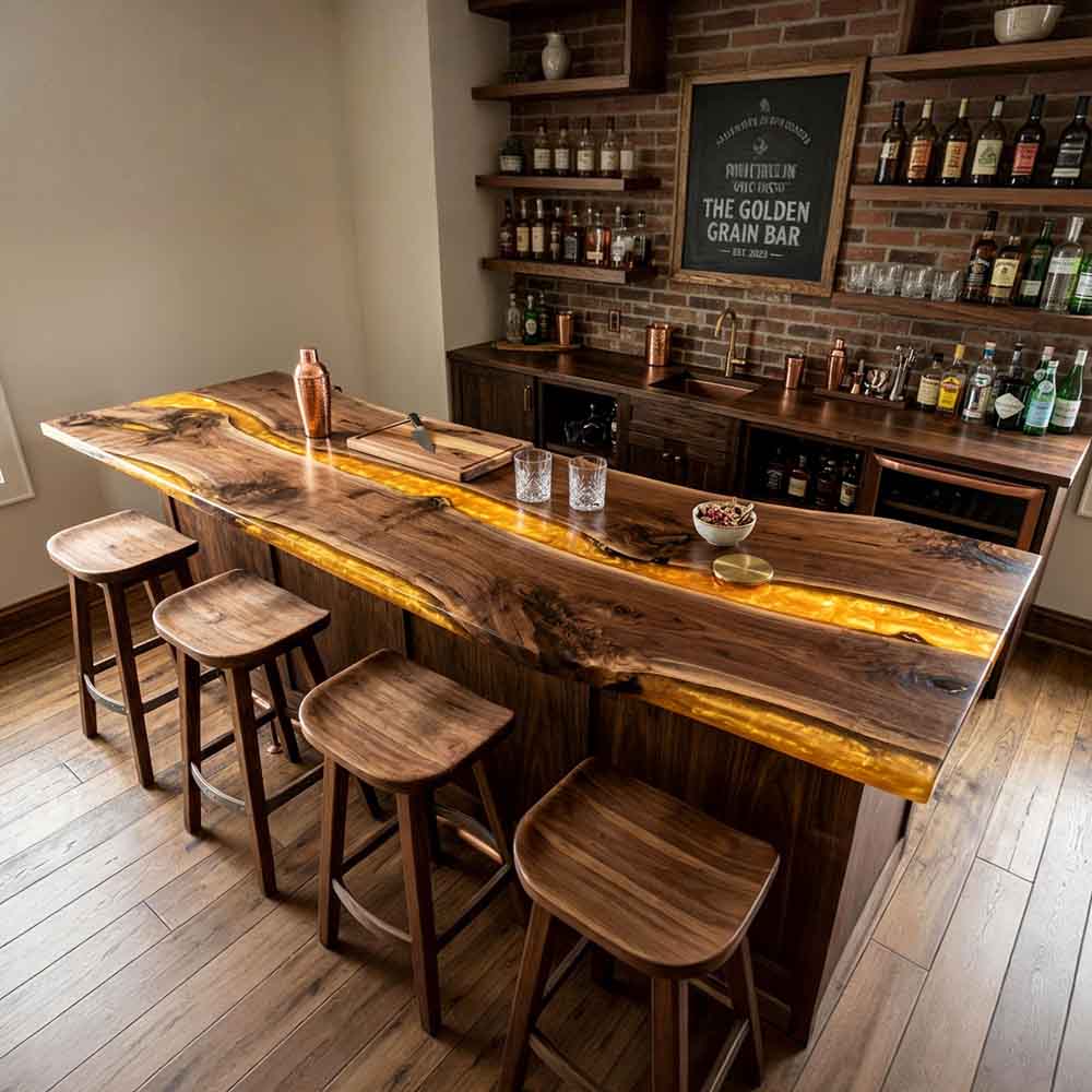 Custom Amber Gold Epoxy Resin Kitchen Island Countertop – 100% Solid Walnut | ECT-338 - Elitecustomtable