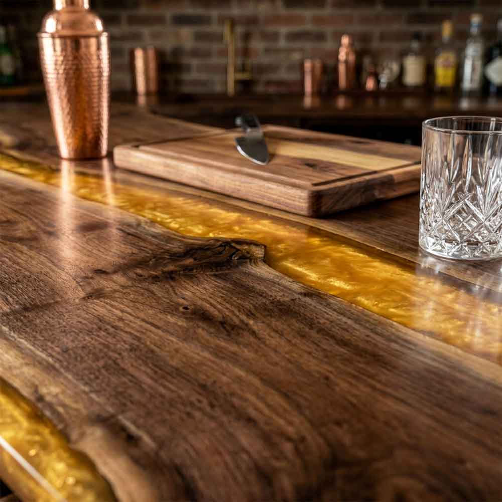 Custom Amber Gold Epoxy Resin Kitchen Island Countertop – 100% Solid Walnut | ECT-338 - Elitecustomtable