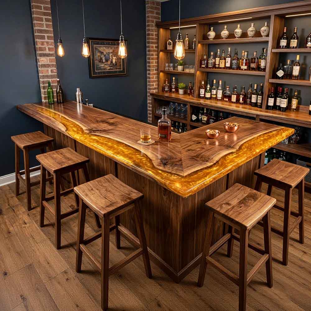 Custom Amber Gold Epoxy Resin Kitchen Island Countertop – 100% Solid Walnut | ECT-340 - Elitecustomtable