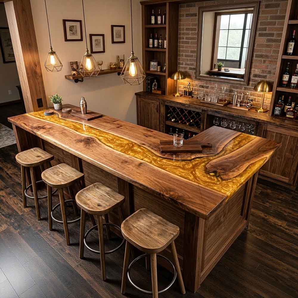 Custom Amber Gold Epoxy Resin Kitchen Island Countertop – 100% Solid Walnut | ECT-340 - Elitecustomtable