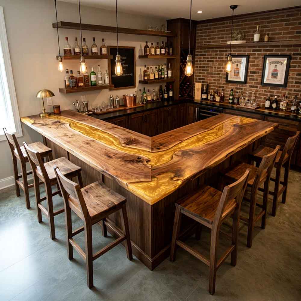 Custom Amber Gold Epoxy Resin Kitchen Island Countertop – 100% Solid Walnut | ECT-340 - Elitecustomtable
