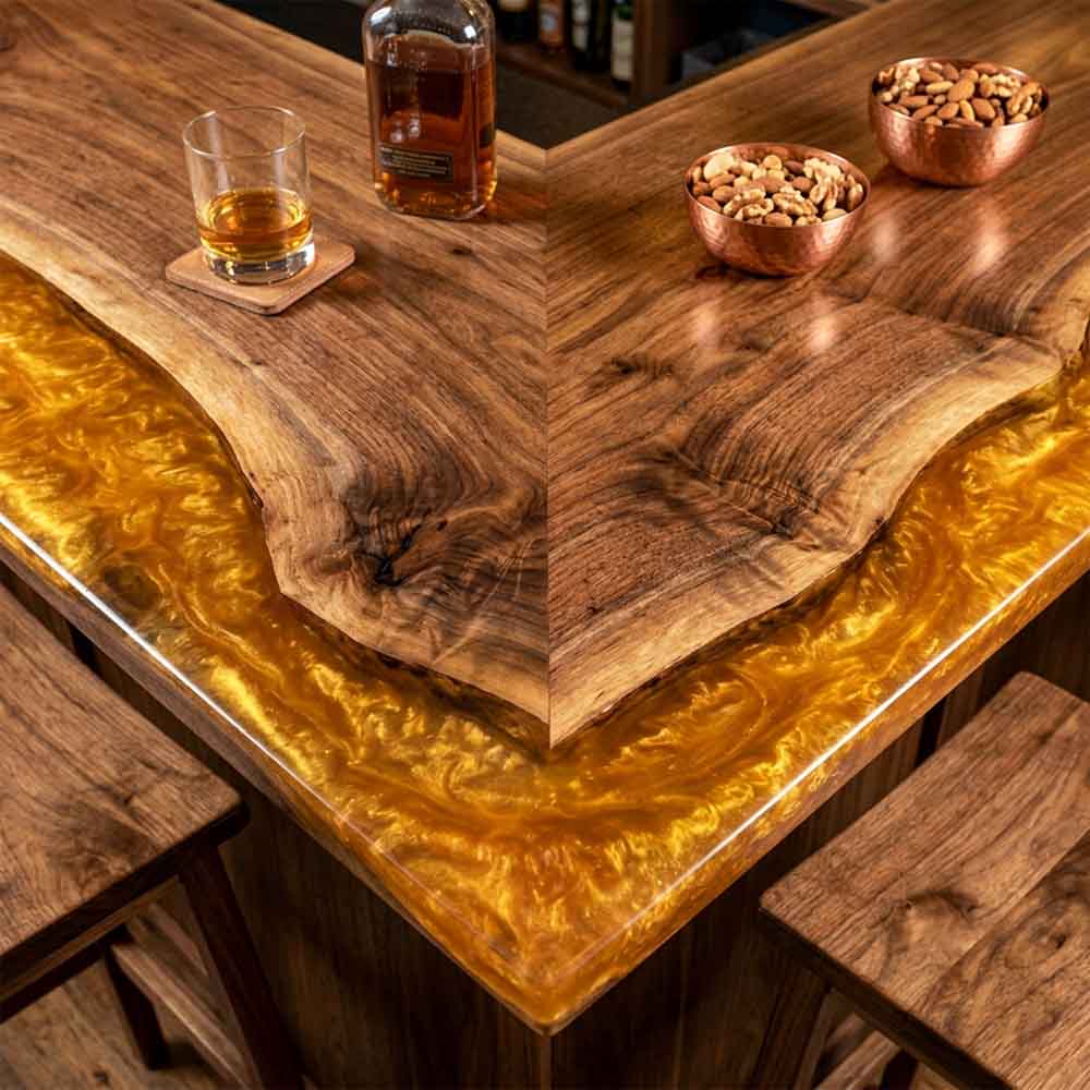 Custom Amber Gold Epoxy Resin Kitchen Island Countertop – 100% Solid Walnut | ECT-340 - Elitecustomtable