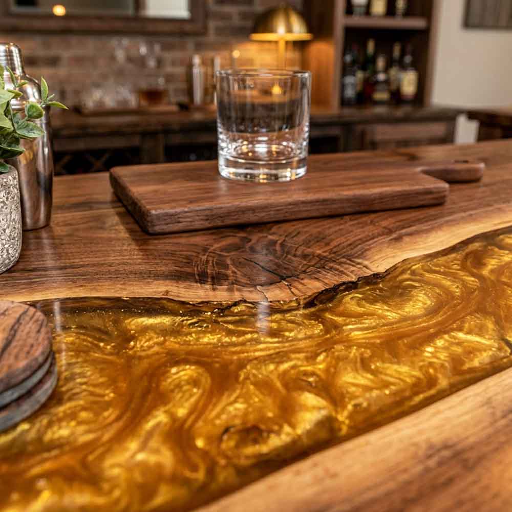 Custom Amber Gold Epoxy Resin Kitchen Island Countertop – 100% Solid Walnut | ECT-340 - Elitecustomtable