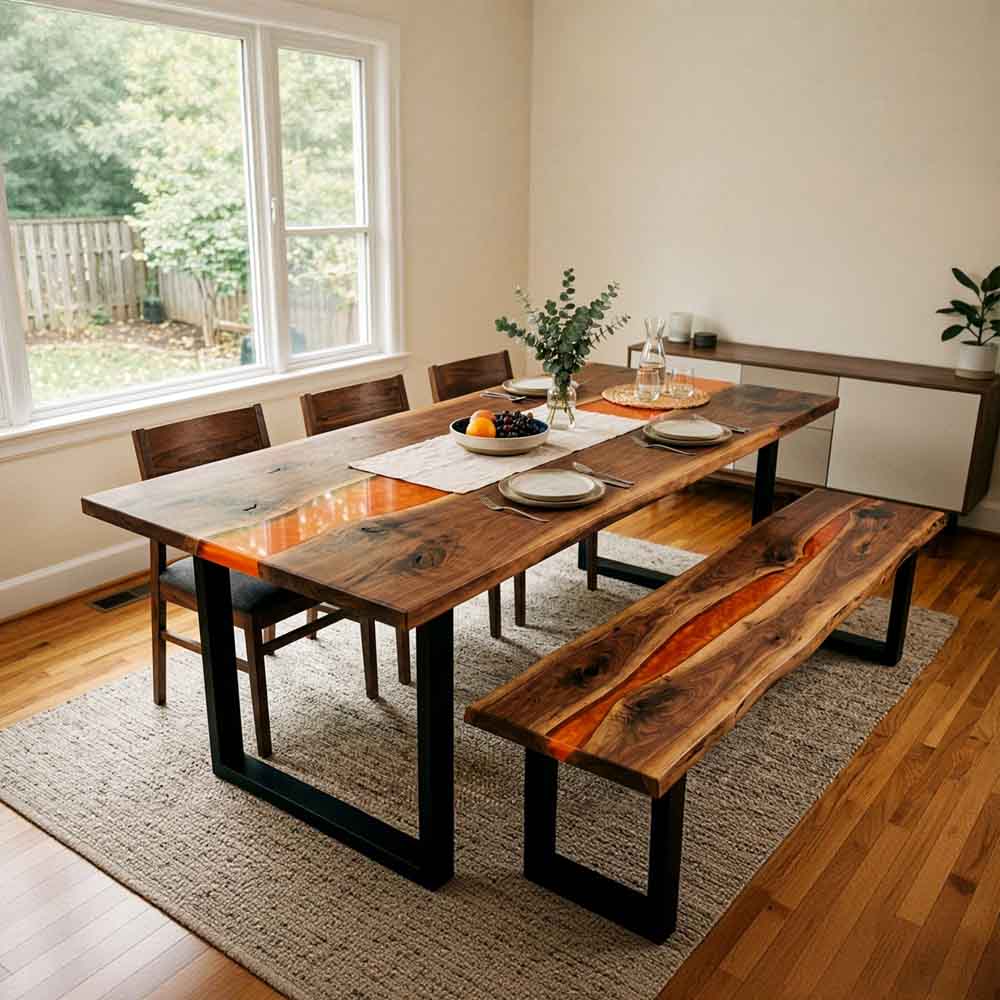 Custom Amber Orange Epoxy Resin Dining Table – 100% Solid Walnut | ECT-336 - Elitecustomtable