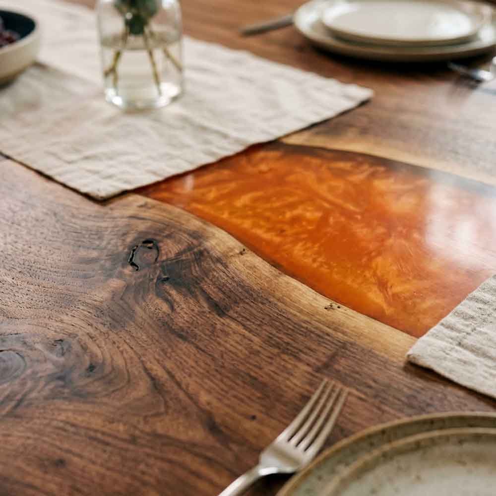 Custom Amber Orange Epoxy Resin Dining Table – 100% Solid Walnut | ECT-336 - Elitecustomtable