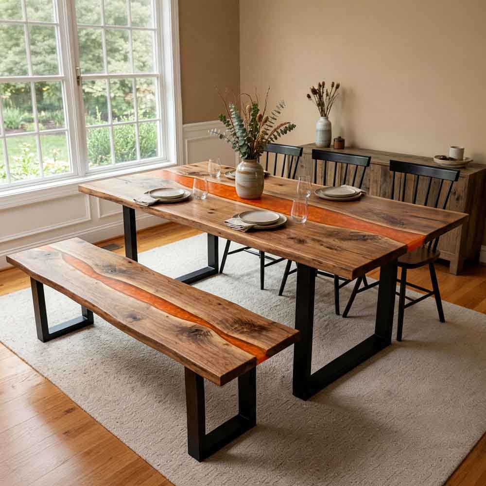 Custom Amber Orange Epoxy Resin Dining Table – 100% Solid Walnut | ECT-336 - Elitecustomtable