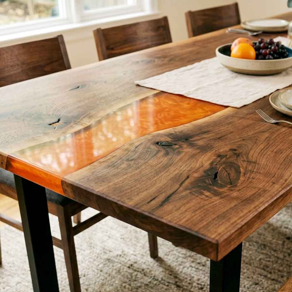 Custom Amber Orange Epoxy Resin Dining Table – 100% Solid Walnut | ECT-336 - Elitecustomtable