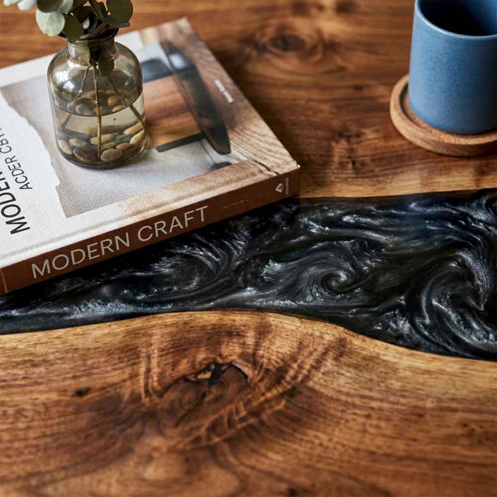 Custom Black Epoxy Resin Coffee Table – 100% Solid Walnut Wood | ECT-356 - Elitecustomtable