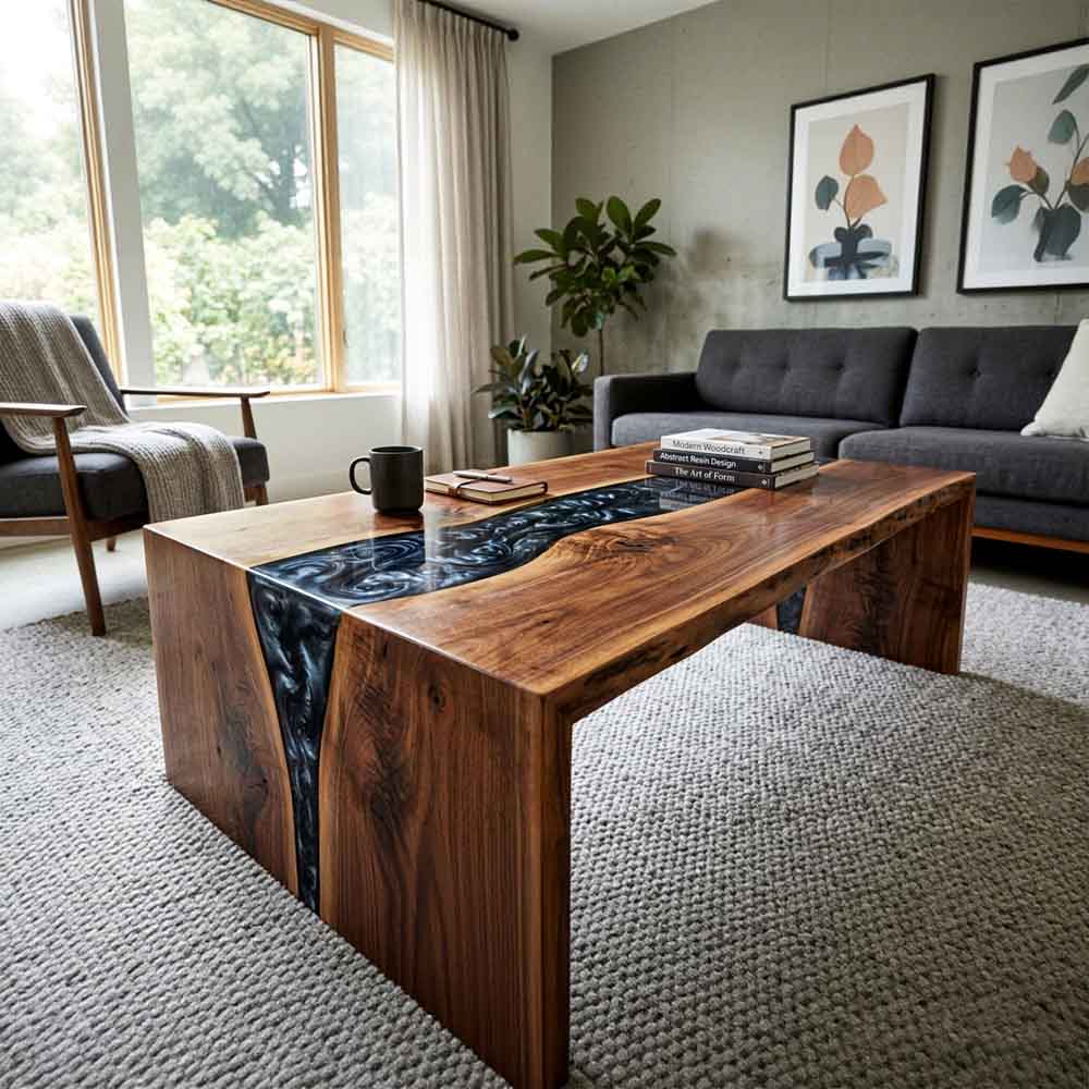 Custom Black Epoxy Resin Coffee Table – 100% Solid Walnut Wood | ECT-356 - Elitecustomtable