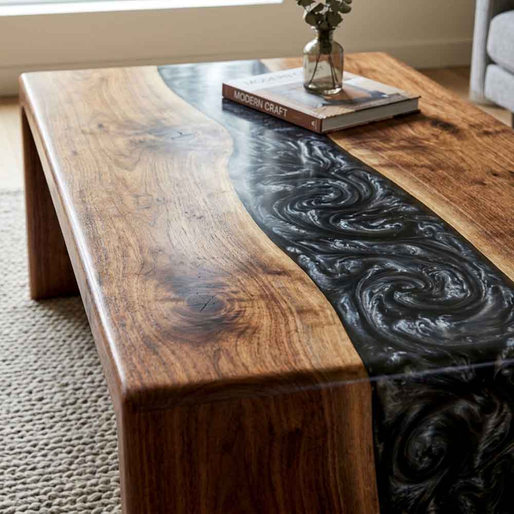 Custom Black Epoxy Resin Coffee Table – 100% Solid Walnut Wood | ECT-356 - Elitecustomtable
