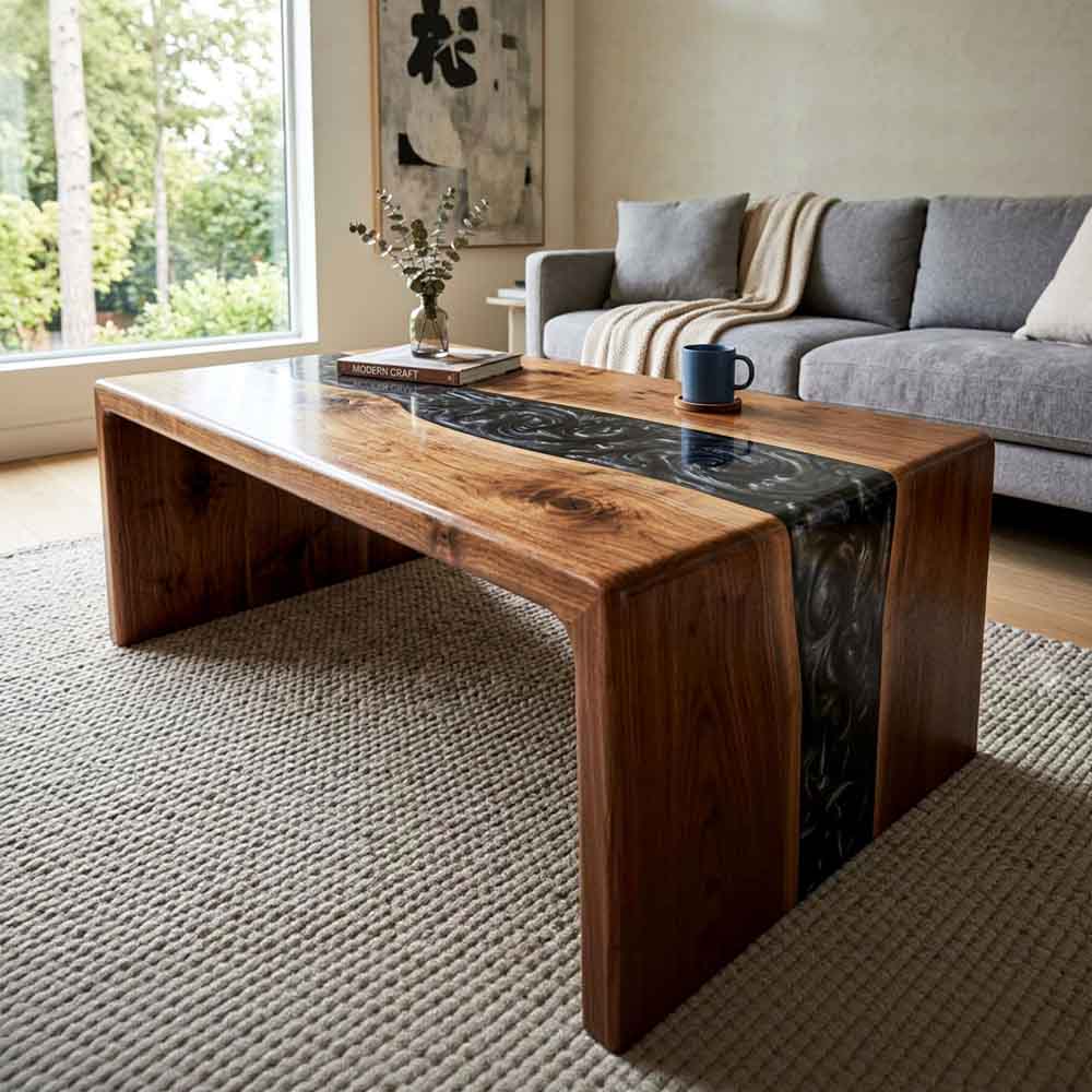Custom Black Epoxy Resin Coffee Table – 100% Solid Walnut Wood | ECT-356 - Elitecustomtable