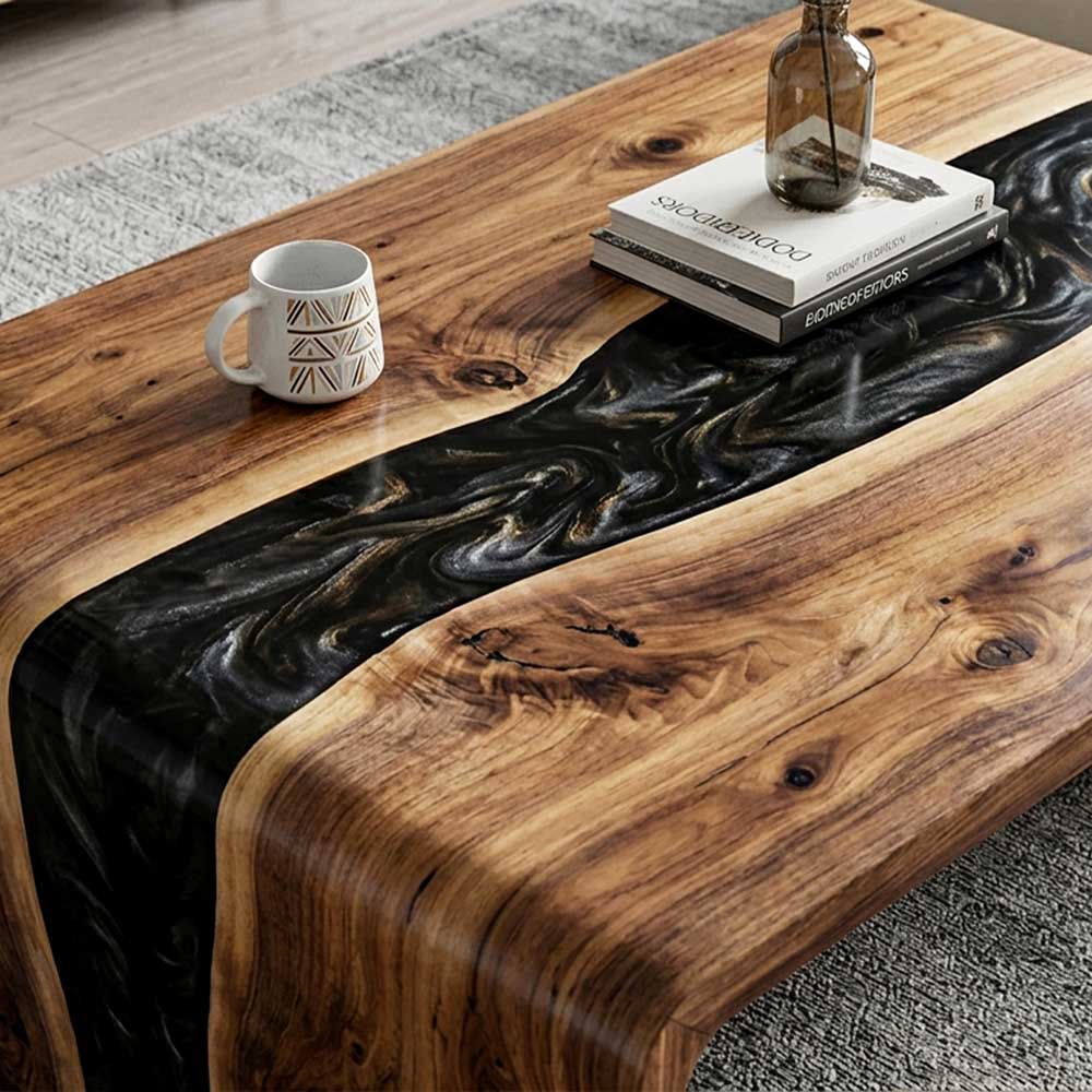 Custom Black Epoxy Resin Coffee Table – Solid Walnut Wood Waterfall Design | ECT-357 - Elitecustomtable