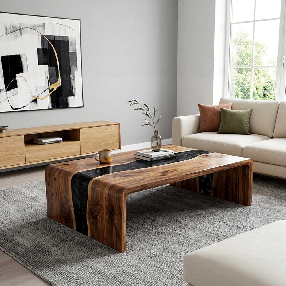 Custom Black Epoxy Resin Coffee Table – Solid Walnut Wood Waterfall Design | ECT-357 - Elitecustomtable