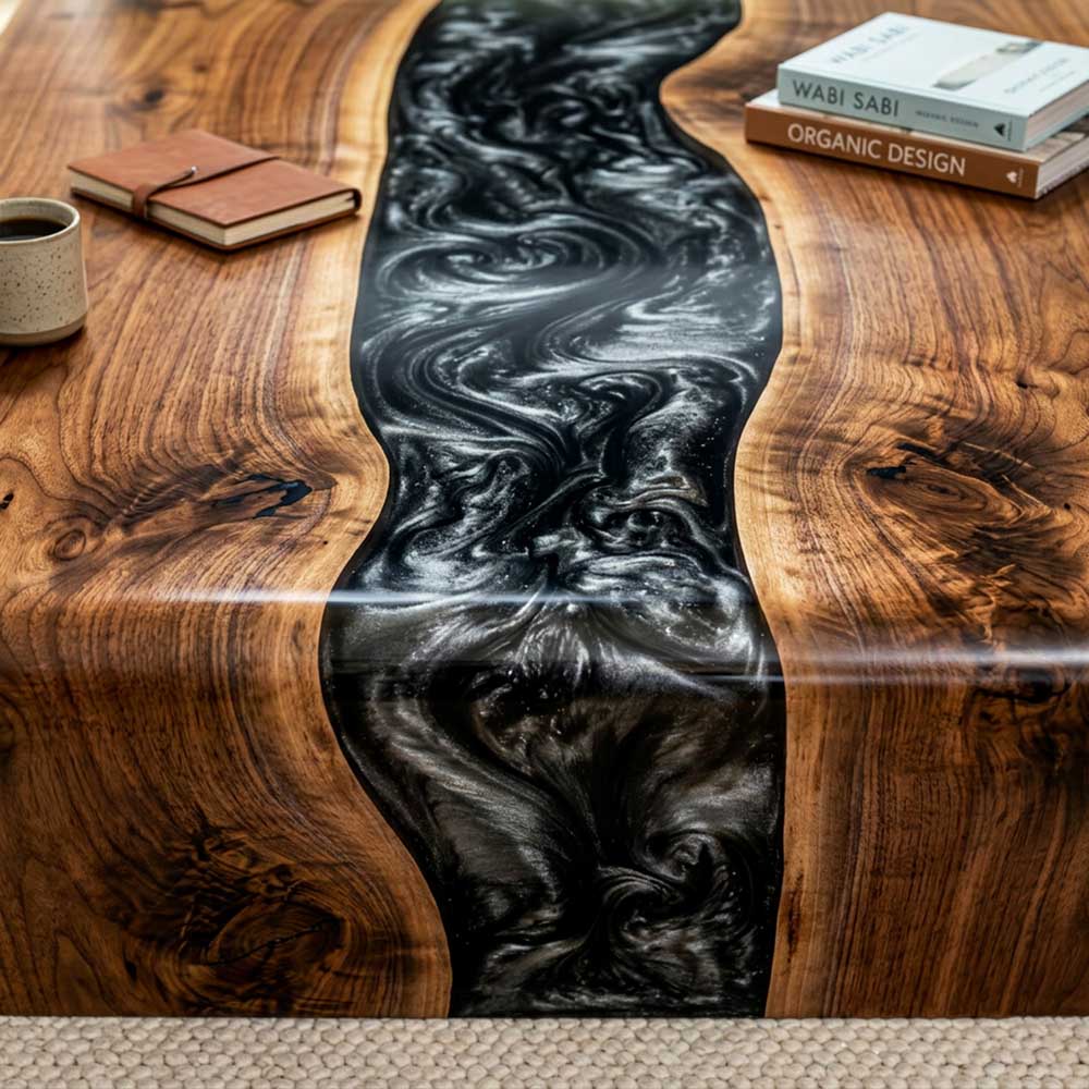 Custom Black Epoxy Resin Coffee Table – Solid Walnut Wood Waterfall Design | ECT-357 - Elitecustomtable