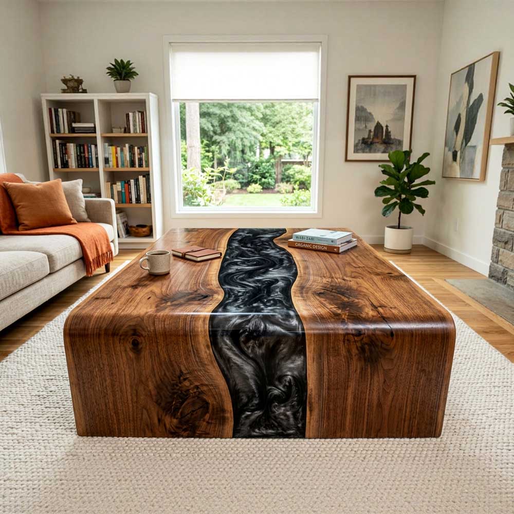 Custom Black Epoxy Resin Coffee Table – Solid Walnut Wood Waterfall Design | ECT-357 - Elitecustomtable