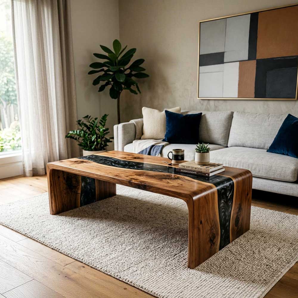 Custom Black Epoxy Resin Coffee Table – Solid Walnut Wood Waterfall Design | ECT-357 - Elitecustomtable